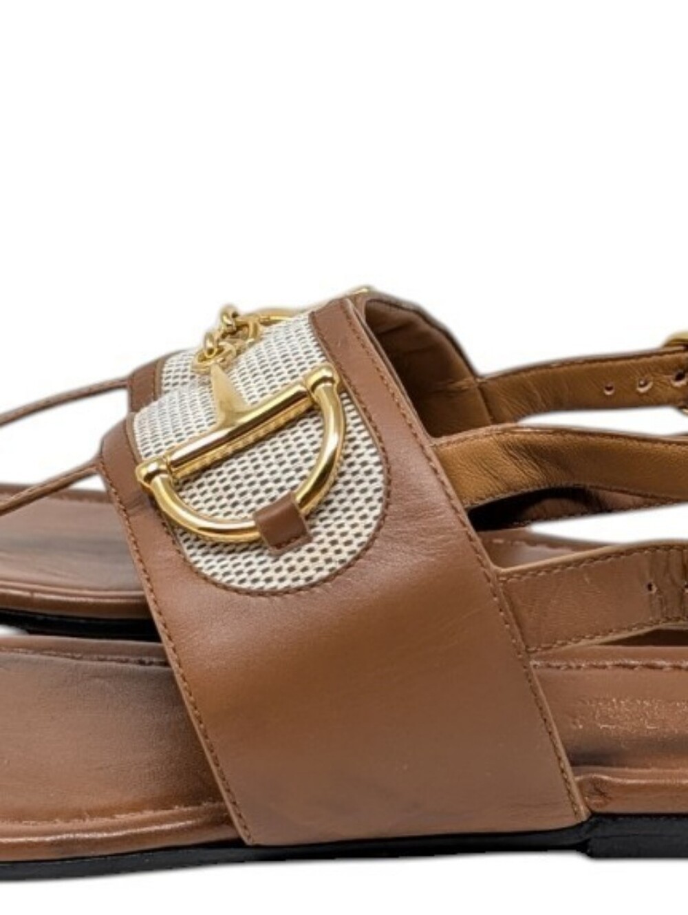 Gucci Alfa Brown Leather Canvas Thong Slingback Sandal Gold Horsebit Size EU 39 - Picture 5 of 10